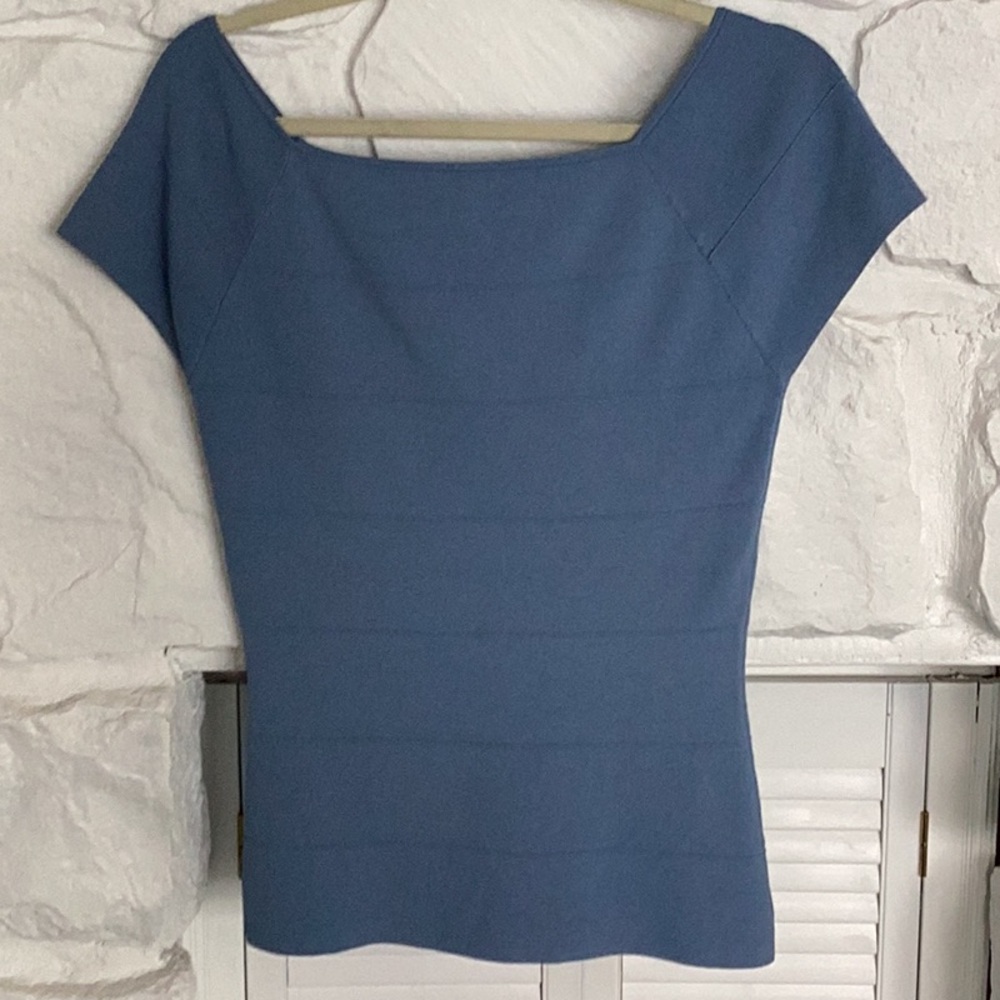 Studio M large cloudy blue knit top cap sleeves